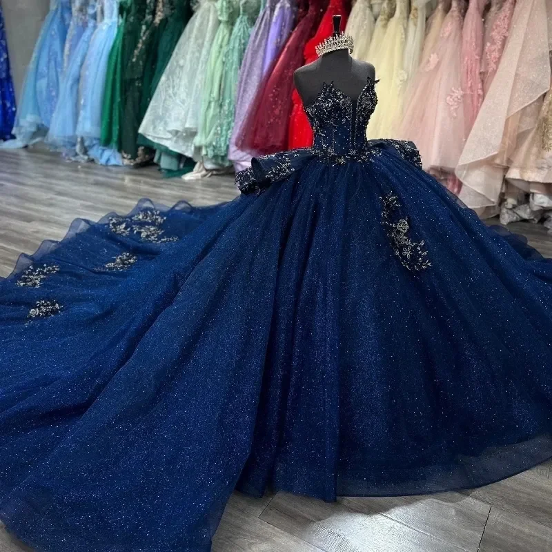 

Navy Blue Shiny Off the Shoulder Beaded Appliques Lace Tull Ball Gown Quinceanera Dresses Vestidos De 15 Anos Sweet 16 Dress