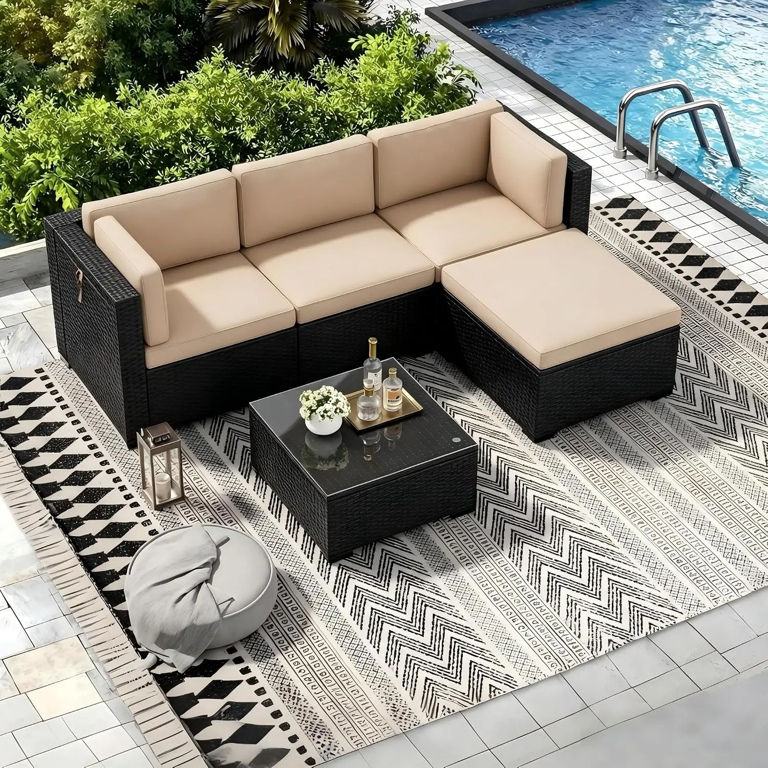 5 Pieces Outdoor Patio Furniture Sets, All Weather Wicker Rattan Sectional Patio Sofa, Outdoor Seating Sofas with Glass Table an