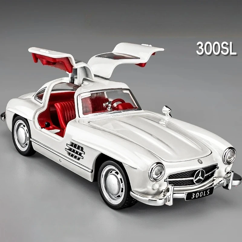 1:32 Model samochodu 300SL ze stopu, z dźwiękiem i światłem, napęd pull-back, zabawka dla dzieci, kolekcjonerski, prezent urodzinowy