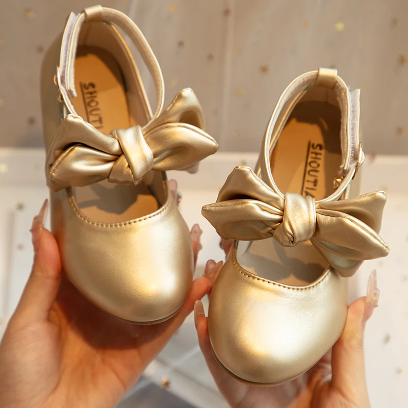 

Girls High Heels Gold White Low Dance Shoes Fashion Bow Ankle Strap Mary Jane Princess Shoes