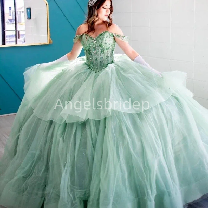 Angelsbride Glitter Tulle Mint Green Ball Gown Quinceanera Dresses Beading Crystal Formal Cinderella Birthday Sweet 15