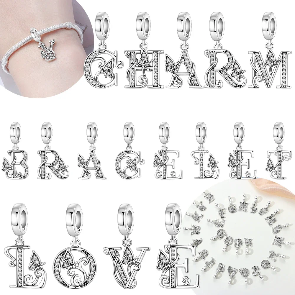 Original 925 Silver 26-letter Butterfly Alphabet Series English Letters Beads Fit Bracelet Valentine Fine Gift Women Diy Jewelry