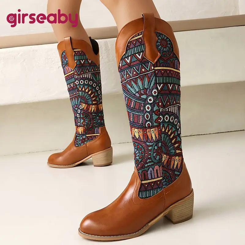 

Girseaby 2025 Женские ботинки в стиле ретро с круглым носком на массивном каблуке 5 см без шнуровки и вышивкой, разноцветные ботильоны большого размера 44 45 46