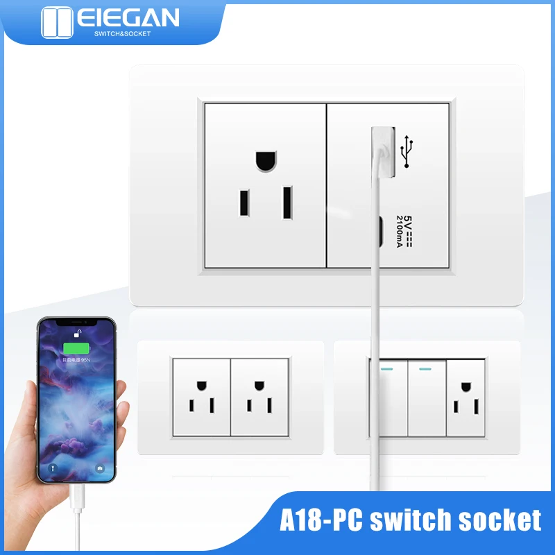 ELEGAN White Flame retardant PC panel Thailand Standard Type C America Outlet Plug 118*72mm Wall Socket Light Switch Fast Charge