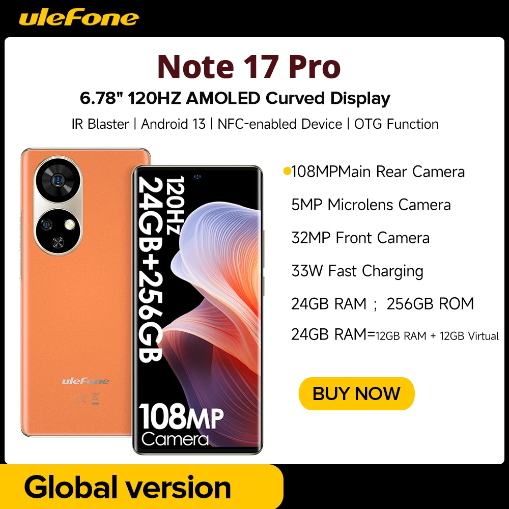 Ulefone-nota 17 Pro Smartphone Versão Global 678 Amoled 120hz Tela Curva 24gb Mais 256gb Câmera 108mp Andróide 13 5050mah