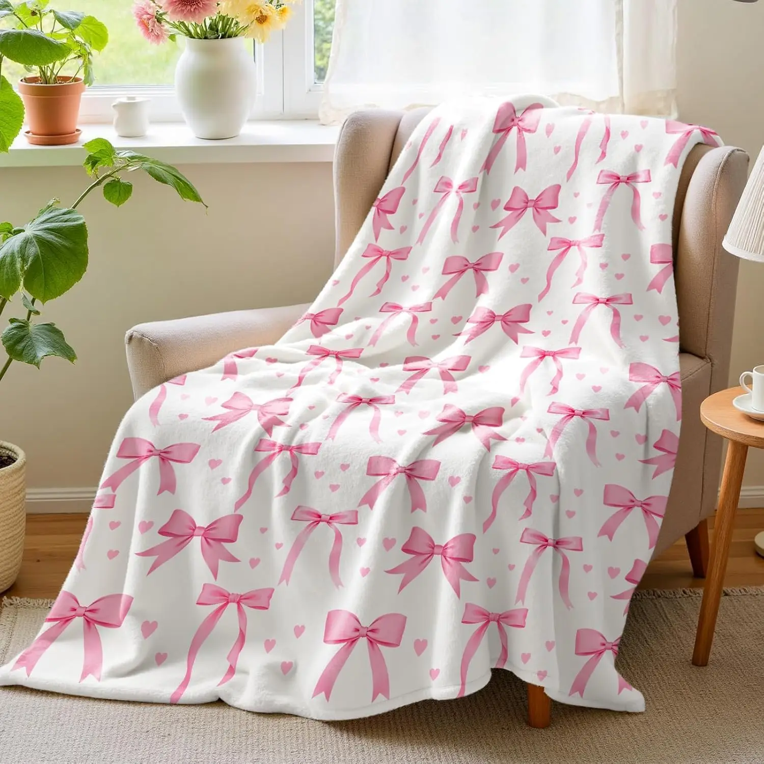 VIKAMA Pink Bow Blanket, Soft And Comfortable, Machine Washable, Suitable For Sofa Beds, Camping And Home Decoration