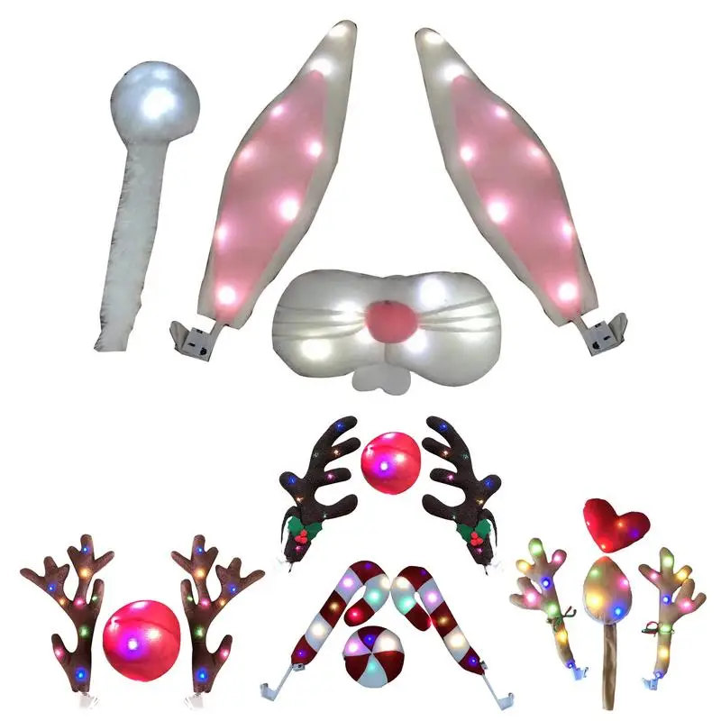 

Рождественский автомобильный комплект с рогами северного оленя, рога северного оленя и нос со светодиодной подсветкой, рождественский костюм с рогами, авто украшение для внедорожника