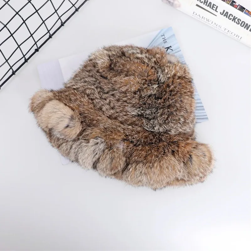 

Real Rex Rabbit Fur Hat Women's Winter Knitted Hat Fashion Bucket Hats Warm Thickened Ear Protection Caps Russians Bomber hats