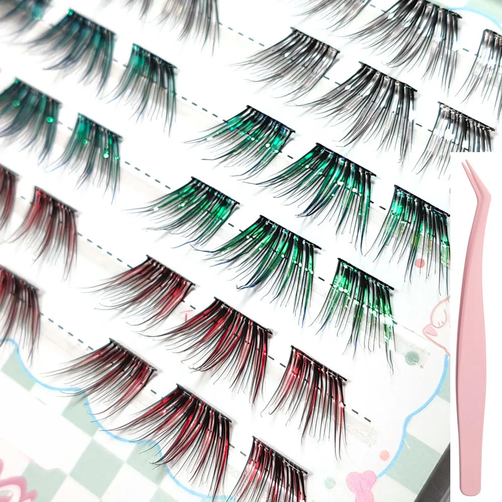 NO NEED Glue Colorful Laser Gradient Individual False Eye Lashes Red Blue Silver Cosplay Holloween Concert DIY Segmented Eyelash