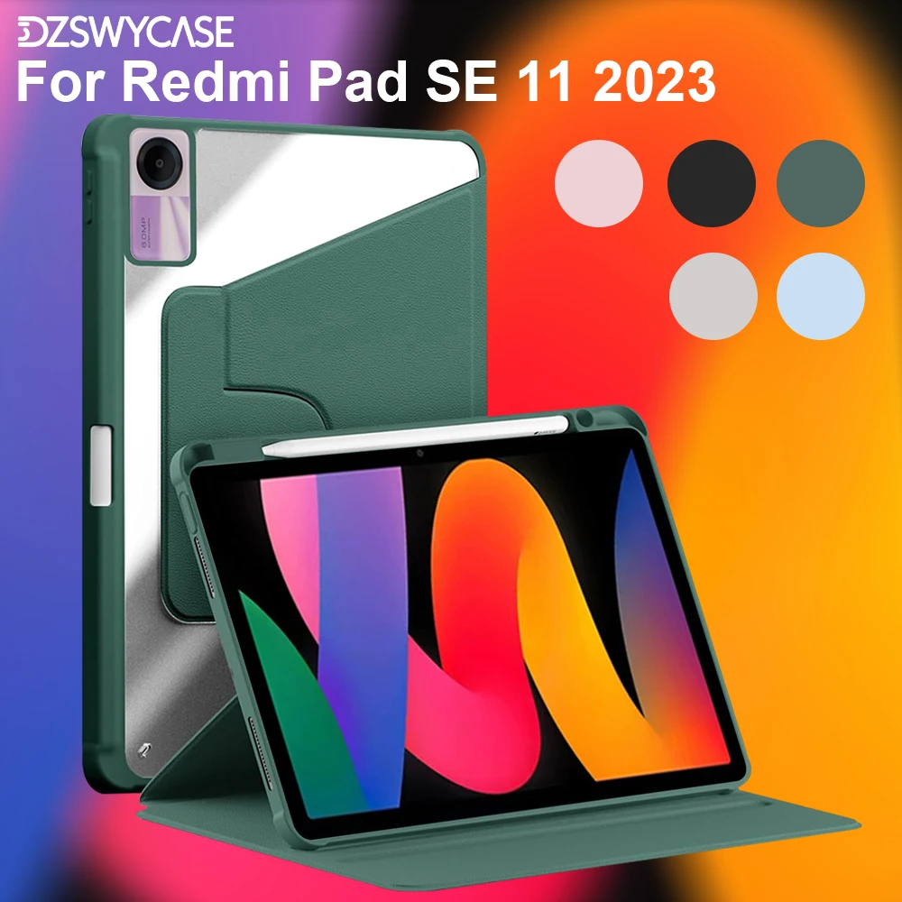

Вращающийся чехол для Redmi Pad SE 11 дюймов 2023 года, с держателем для стилуса, защитный чехол-подставка с поворотом на 360 градусов, прозрачная задняя панель