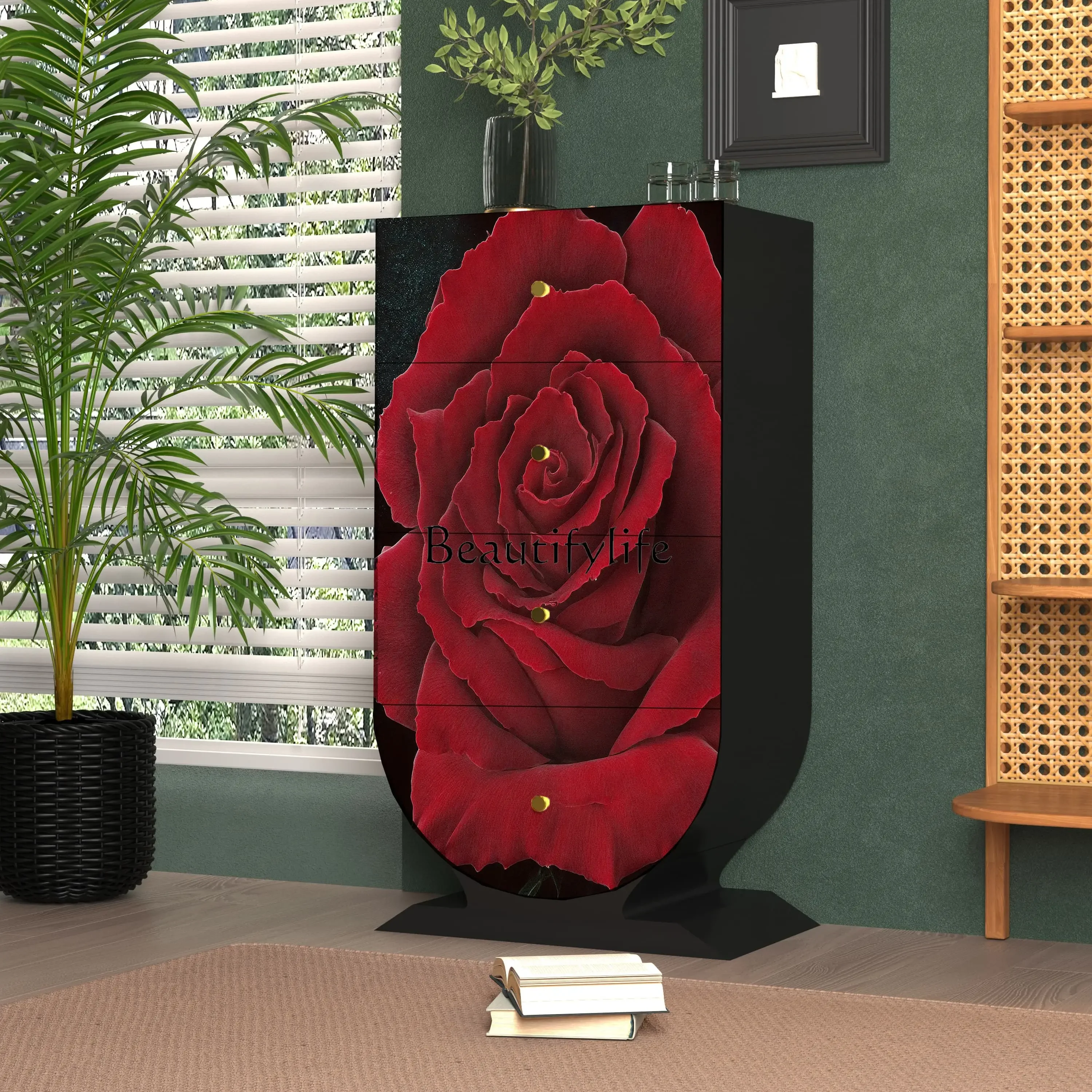 01Chinese-style pattern painted solid wood four-chest cabinet, living room, homestay wall storage cabinet