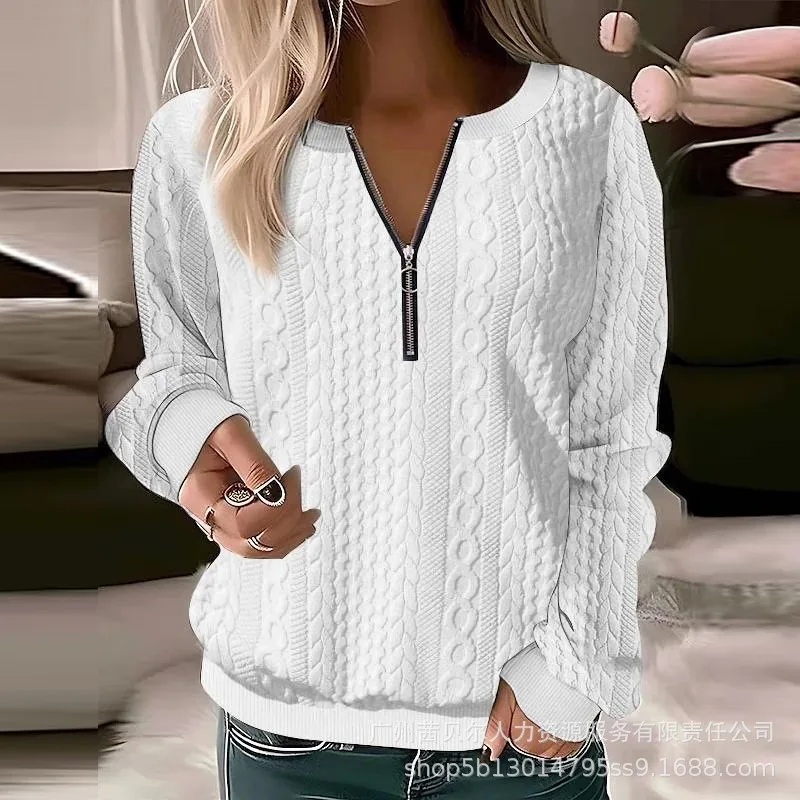 

Zipper Sweater O-neck Loose Autumn Textured Y2K Solid Women Sweatshirt Long Sleeve Casual Texture Pullovers Sweatshirt