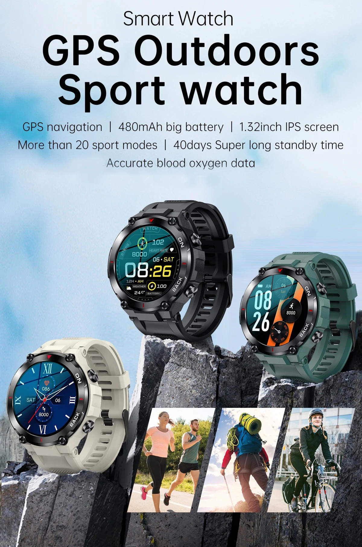 Outdoor Sport Watches For NK37 480mAh Big Battery Reloj  IP68 Waterproof  GPS Navigation Realtek8762DK Dafit Smart Watches