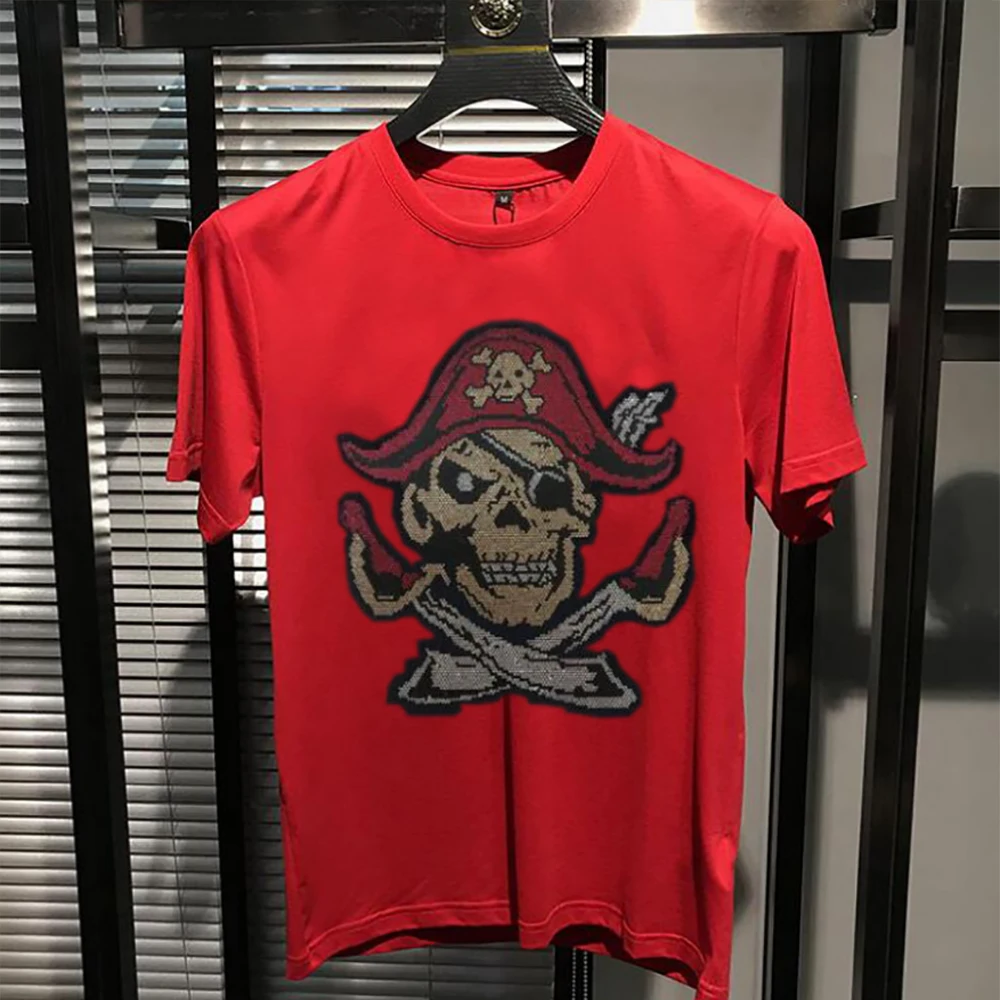 Men's Rhinestone T-shirt Heavy craftsmanship Design Hip-hop Street Style Wear Summer ound neck Pure Cotton High-quality Clothes