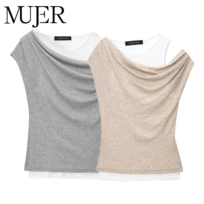 

MUJER 2025 женские футболки асимметричный укороченный топ женский двухслойный поло летняя майка без рукавов женская забавная футболка с рюшами