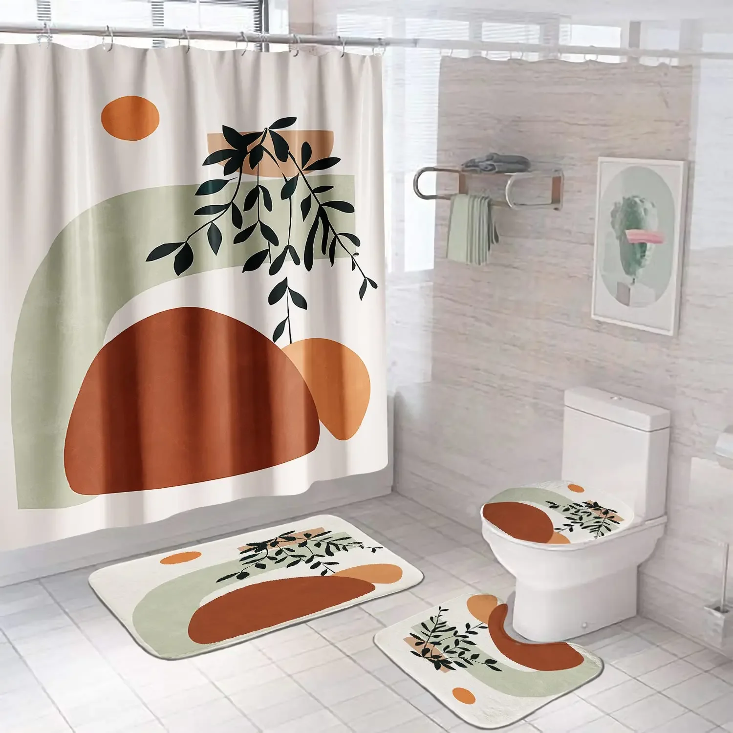 Mid Century Shower Curtain Set Boho    with Mat Rug,Abstract Waterproof Bathroom   ,Retro Orange