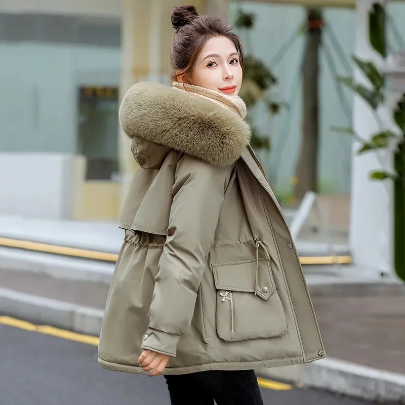 2024 Winter New Korean Women Jacket Long Parka Fur Collar Loose Wool Liner Hooded Jacket Warm Thick Warm Snow Wear Padded Parka