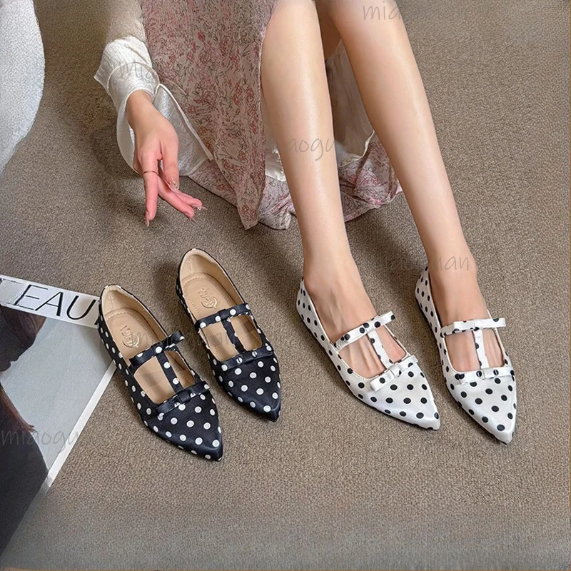 Zapatos Planos de Moda con Puntos para Mujer, Zapatos Planos con Punta en Pico y Tacón Bajo, Mocasines Mary Jane con Lazo para Oficina, Zapatos de Vestir Nuevos para Mujer