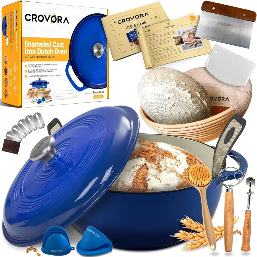 

6 QT Enameled Cast Iron Dutch Oven for Bread Baking with Lid Incl. Sourdough Bread Baking Supplies like Banneton Bread Proofing