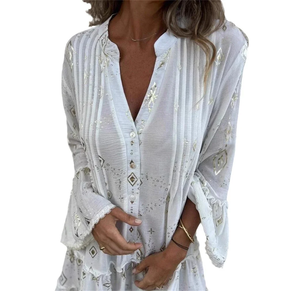 Faionable Pure Color Gold-Stamped Bell Sve Lace Hollow Out Large Size Frühling Herbst Dr Girl Sle Gestricktes Polyester