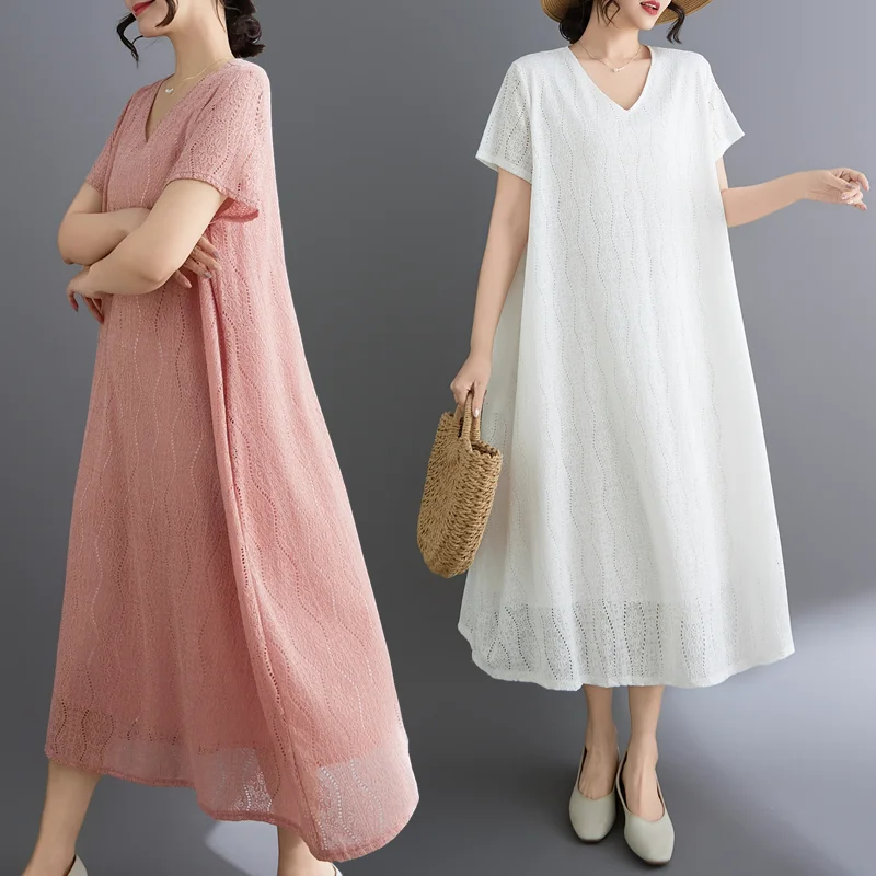 

Korean Style Lace Midi Dress Short Sleeve V-Neck plus Size Women's Summer City Walk A-Line Skirt Casual Vacation Wear