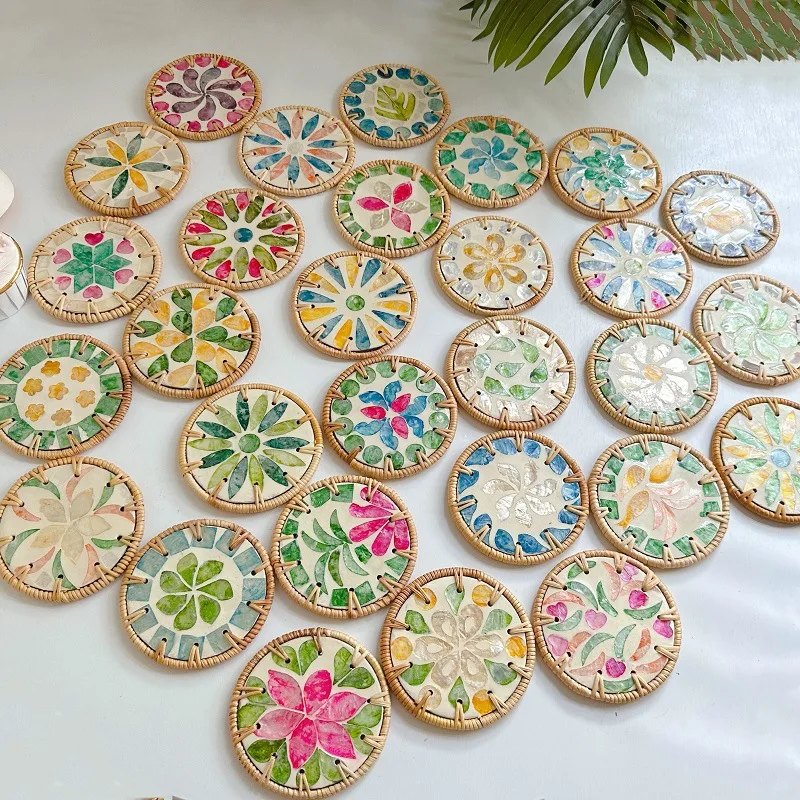

Vintage woven colorful shell insulation pad, teapot, teacup, tabletop, coffee table, shell pattern circular coaster