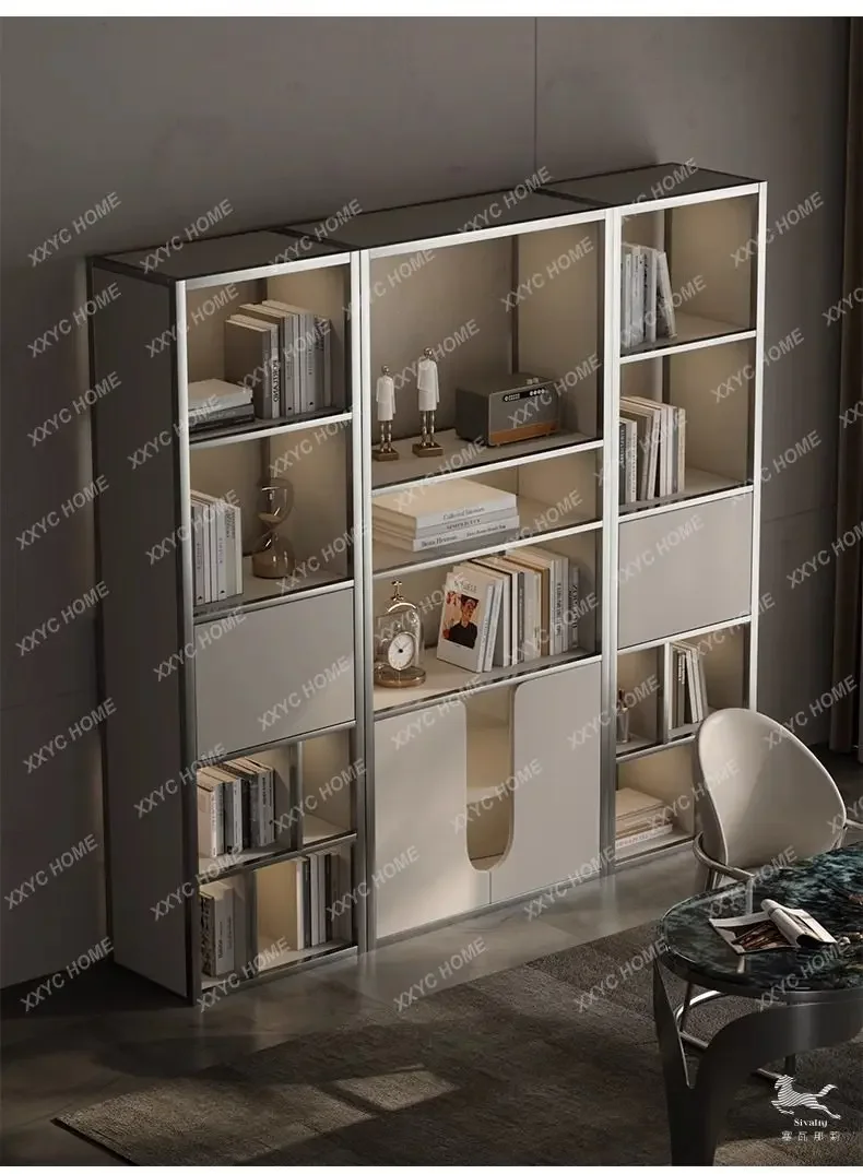 

Living Room Stainless Steel Bookshelf Shelf Floor-to-ceiling Office Study Simple Modern Bookcase Light Luxury High-end Locker