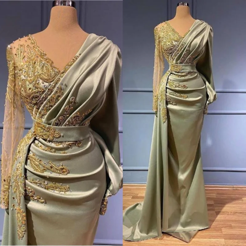 

Customized Arabic Dubai V Neck Satin Mermaid Evening Dress Sheer Long Sleeves Beaded Ruched Floor Length Formal Party Gowns