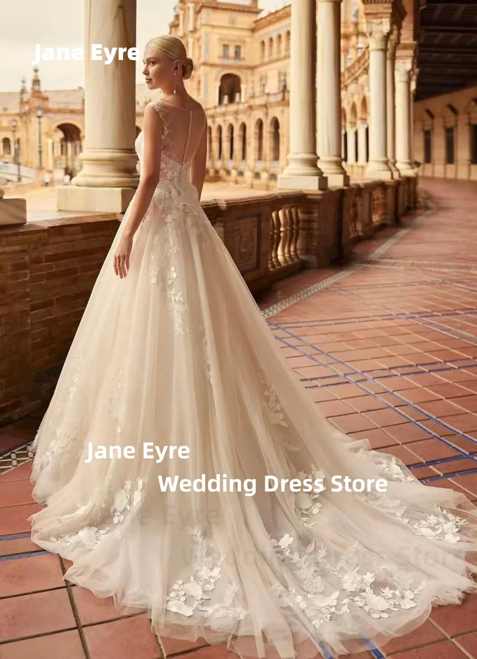 ジェーン・エア長袖プリンセスウェディングドレスAラインイリュージョンバックブライダルガウンOネックアップリケvestido de noviaカスタマイズ