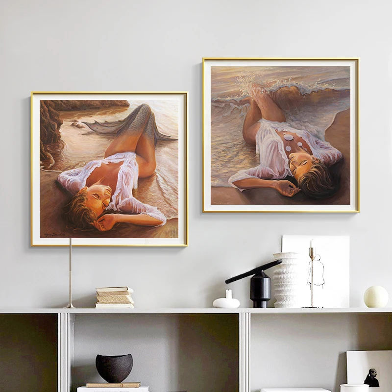 Home DecorSexy Woman Wall Art Poster Prints With Frame Beach Mermaid Oil Painting On Canvas Modern Abstract Figure Picture For L