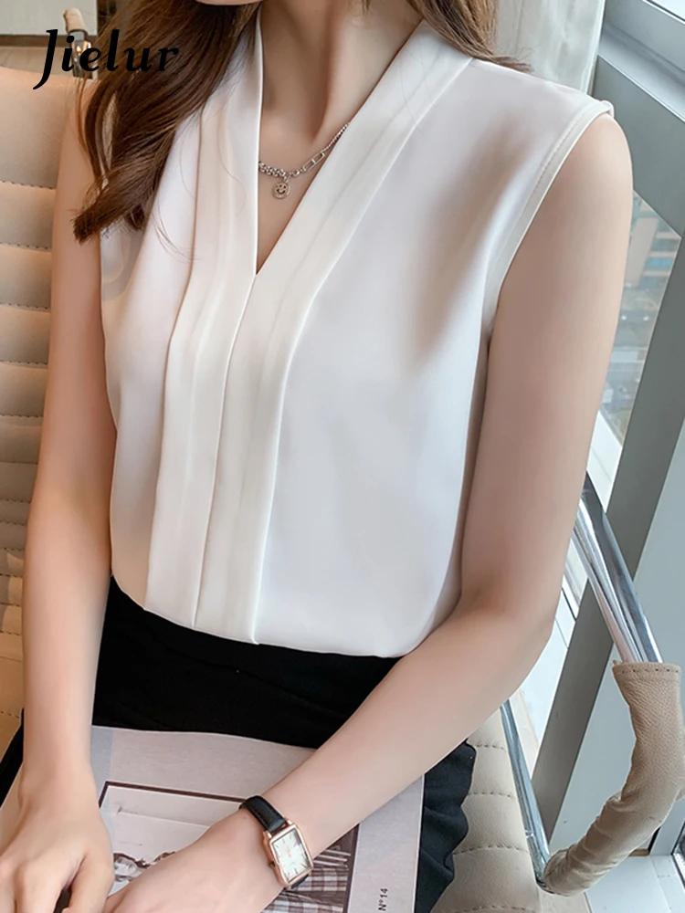 Jielur Chiffon Blouses Women Summer Sleeveless Tank Top V-Neck White Shirt Female Elegant Solid Color Office Lady Chic Blouse