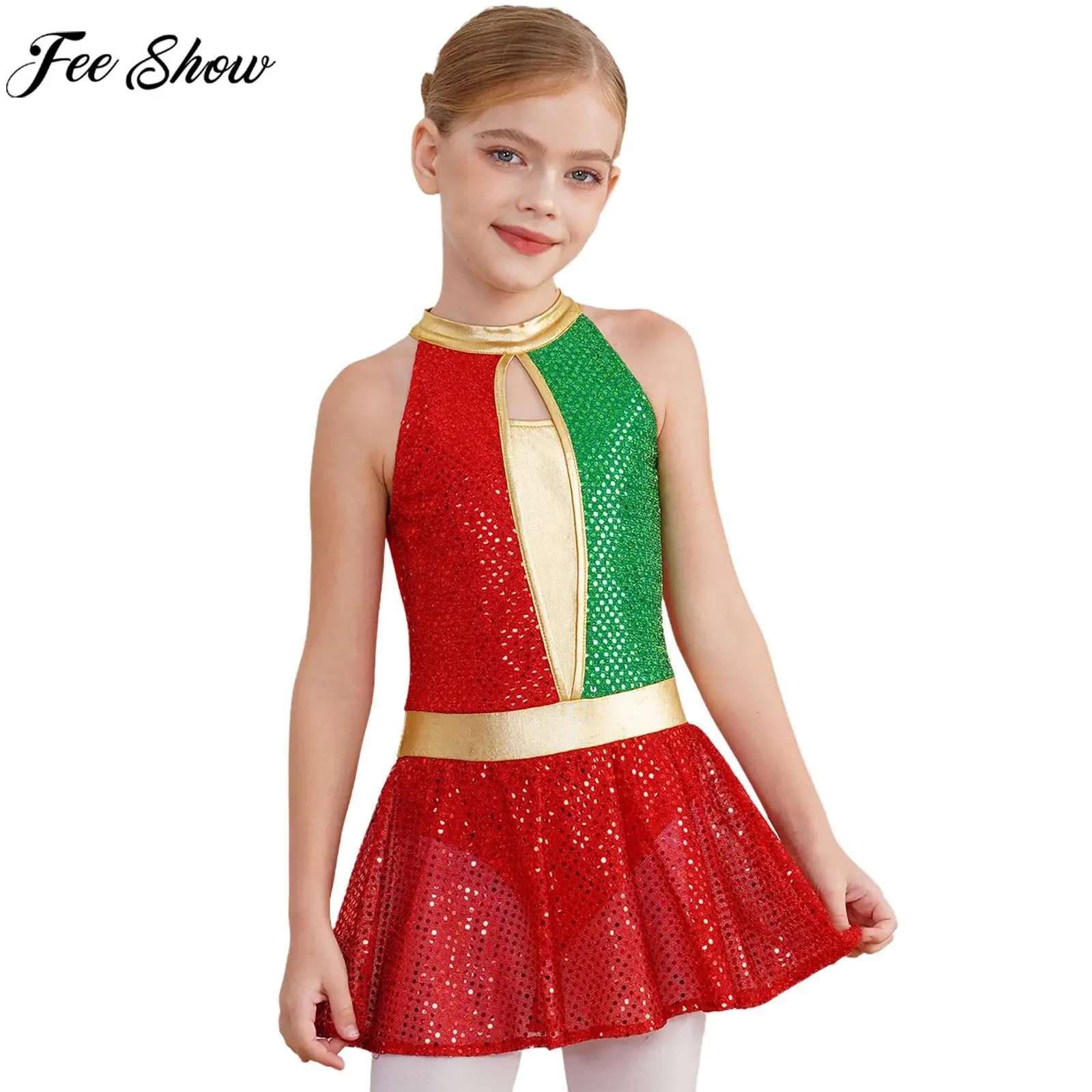 Teen Girls Christmas Dance Dress Ballet Gymnastic Skating Lyrical Latin Cha Cha Samba Leotard Tutu Sleeveless Sequin Dancewear