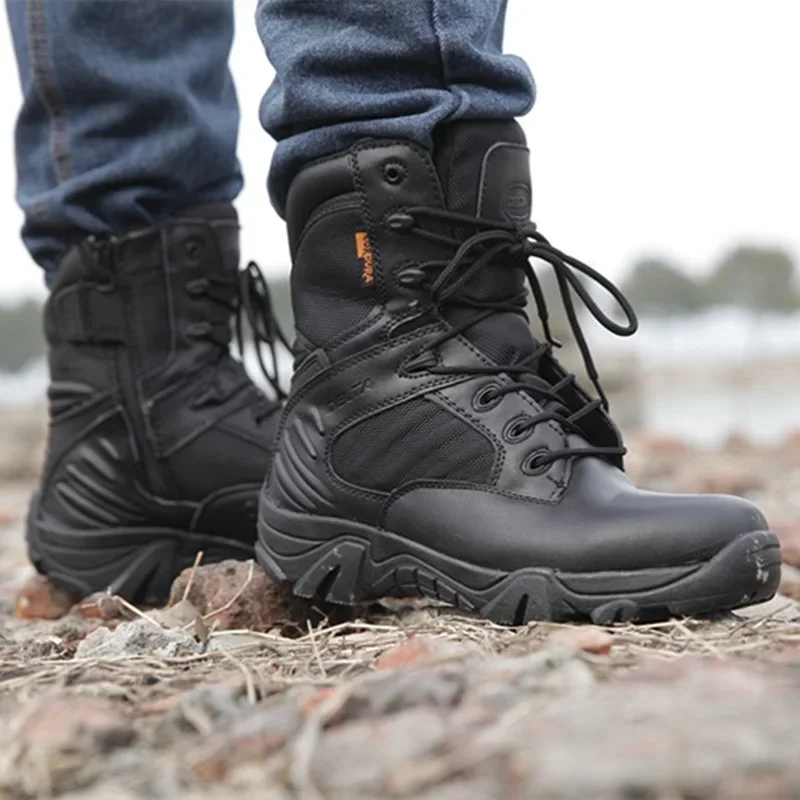 Men\'s Work Shoes Genuine Leather Waterproof Lace Up Tactical Boot Fashion Motorcycle Men Combat Ankle Boots
