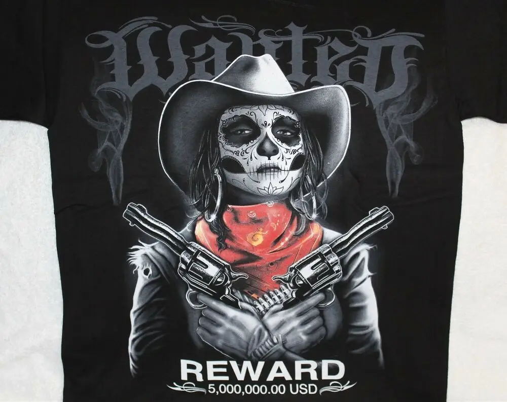 WANTED GANGSTER WOMAN DAY OF THE DEAD DEATH MASK PISTOL REWARD T-SHIRT