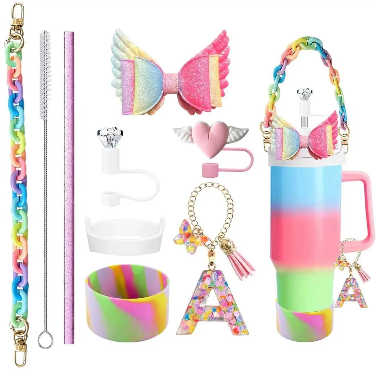 Colorful Big Bow for Stanley Sleeve Straw Topper Keychain Pendant Accessory Combo Set - Decorative Straw Keychain for Stanley Cu