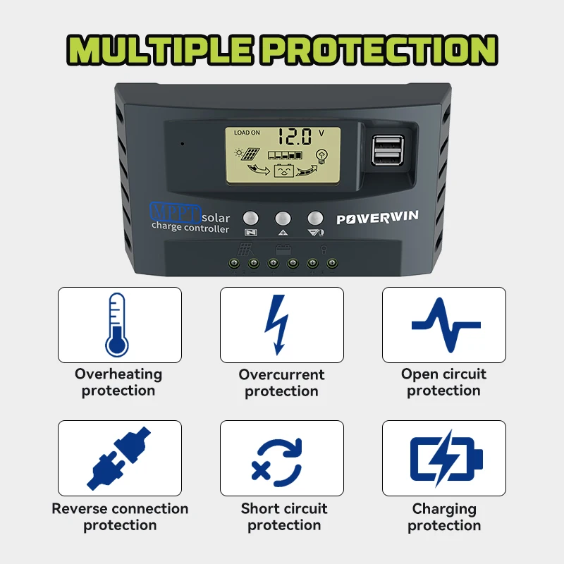 POWERWIN MT30 MPPT 30A Solar Controller 12V 24V Auto Solar Cell Panel Charger Regulator Dual USB LCD Display For Lifepo4 Battery