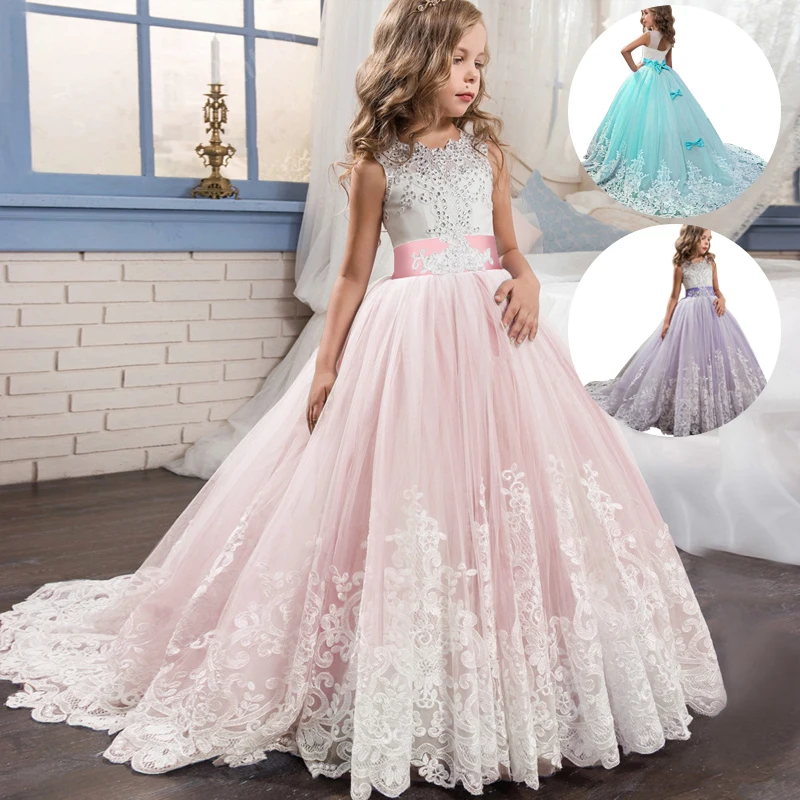 Girls Lace Long Prom Gowns Bridesmaid Kids Dresses For Girls Teens Girl Party Dress Kids Princess Evening Formal Wedding Vestido