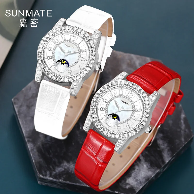 

SUNMATE Women's Slim Quartz Watch - Simple Analog Display, Diamond-encrusted Alloy Case, and Genuine Leather Strap