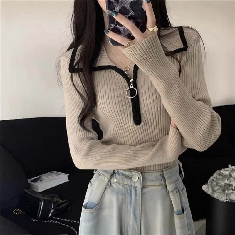 Herbst Winter Reiß verschluss Pullover Polo Kragen einfarbig Strick pullover Pullover Temperament schlanke Damen pullover