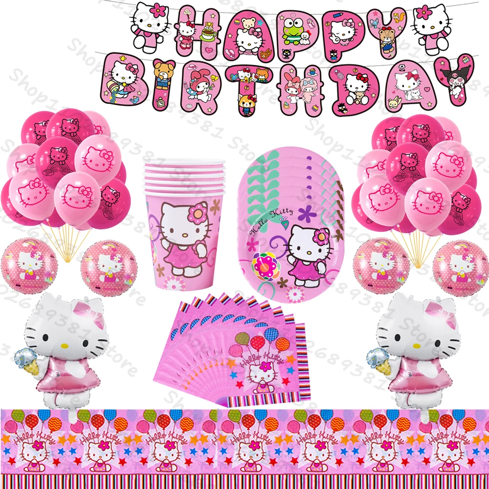 

Anime Hello Kitty Things Birthday Party Decoration Tableware Set Cup Plate Napkin Latex Foil Balloon Girl Toy Gift Party Supplie