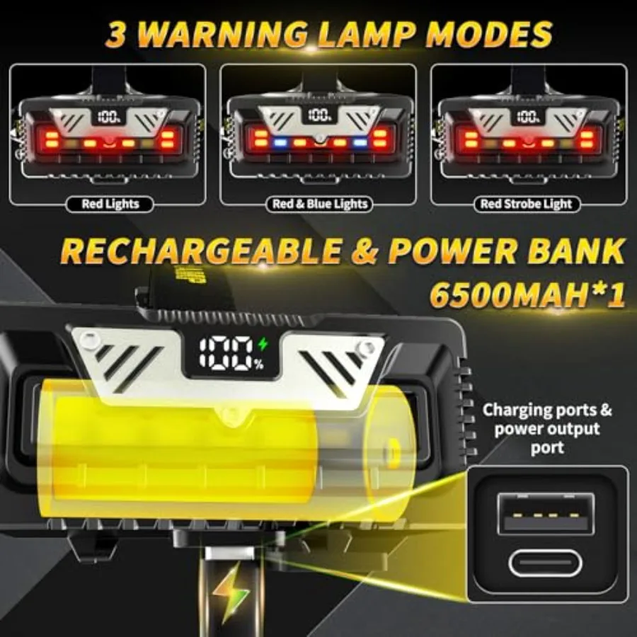 Rechargeable Headlamp 3500 LM Super Bright Headlamp with Digital Display and 9 Lighting Modes Includes Red Light for Night Visi