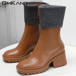 Square Heels Rainboots Women Rubber Waterproof Runway Shoes Female Fashion Chunky High Heels Short Boots Rain Shoes Woman