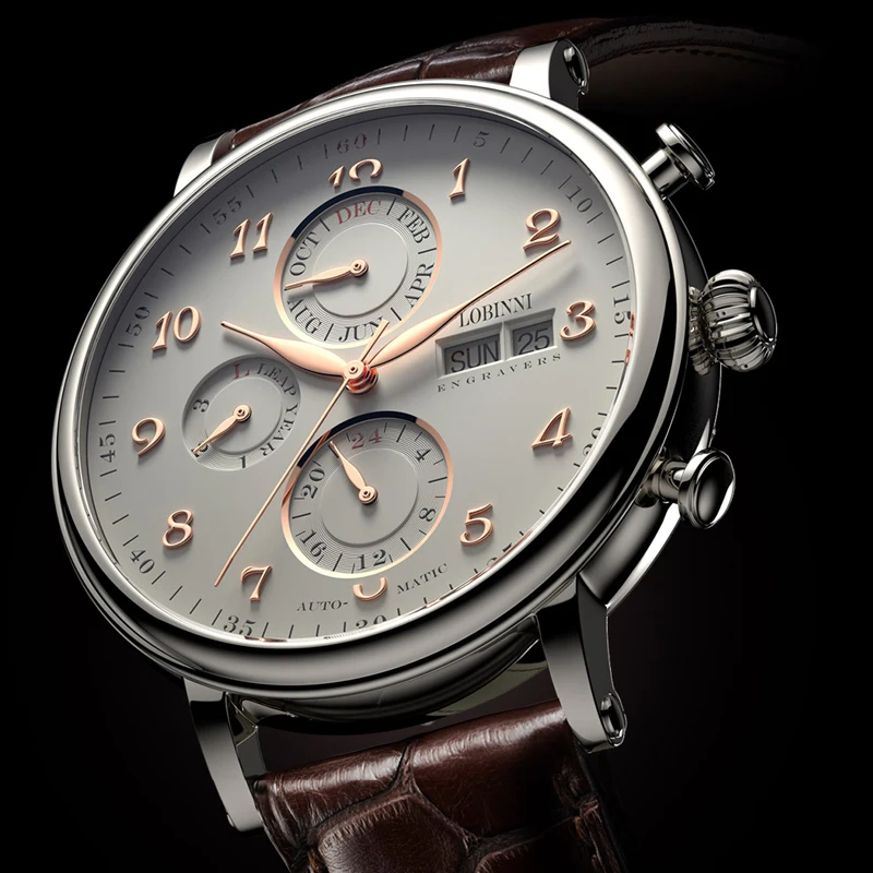 Mannen Horloges Zwitserland Lobinni Luxe Merk Perpetual Kalender Multifunctionele Meeuw Automatische Mechanische Sapphire L13019-6