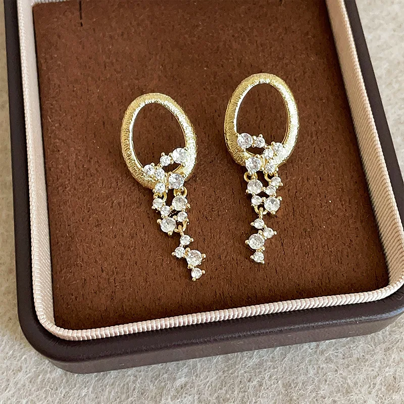 

Minar Light Luxury Hollow Out Oval CZ Cubic Zirconia Tassel Long Drop Earrings for Women 14K Real Gold Plated Copper Jewelry