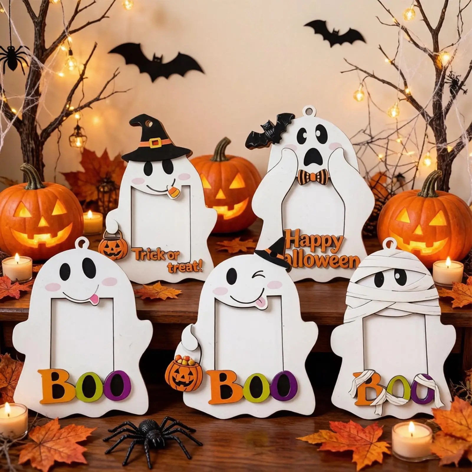 Halloween Ghost Picture Frame 5 Pieces Wood Halloween Decoration Hangable Photo Frame Ornament For Homeowners Renters Home