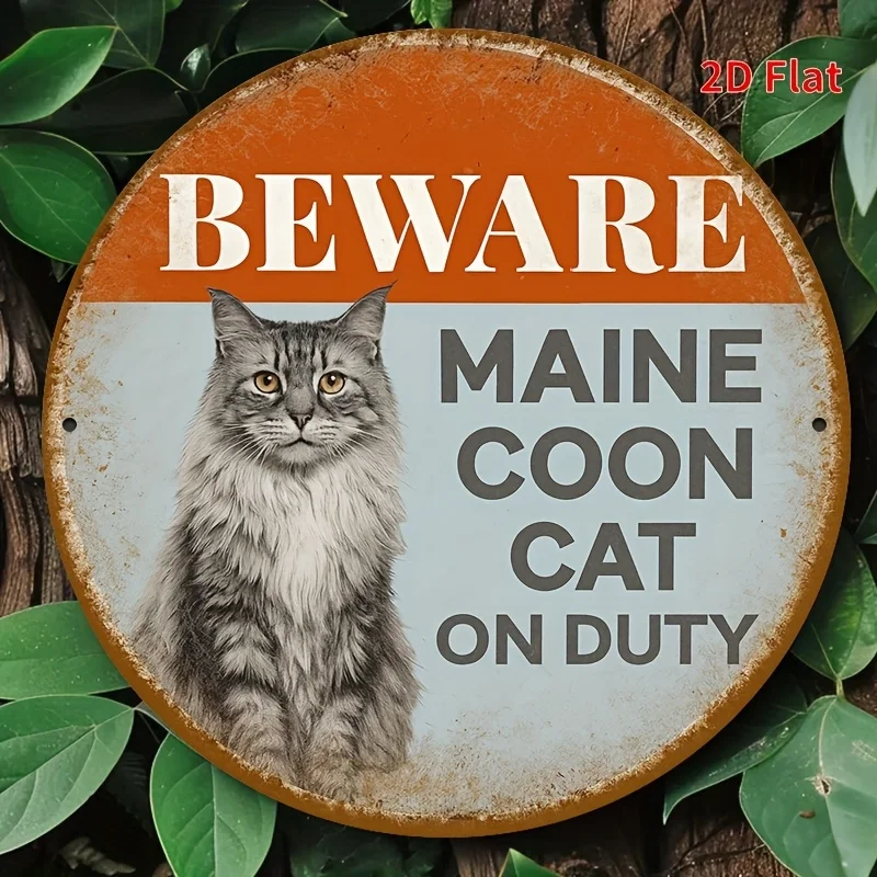 2D flach, [2D flach] 1 Stück 8 x 8 Zoll (20 x 20 cm) BEWARE Themen-Dekorschild „BEWARE MAIN ECOON CAT ON DUTY“ Wanddekoration Metallschild Vintage A
