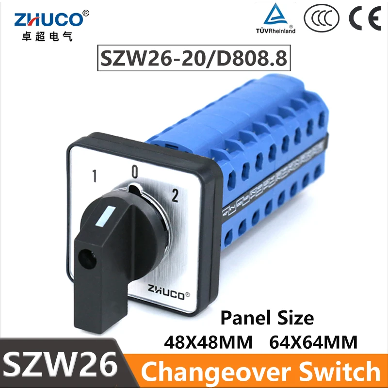 

ZHUCO SZW26/LW26-20 3 Position ON OFF ON 8 Phase 32 Terminals 20A Universal Rotary Changeover Cam Switches 64X64 48X48 mm Panel