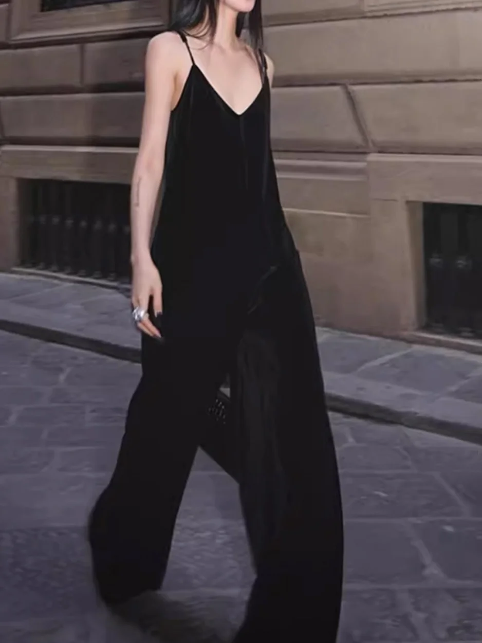 

Laid-ba Sle Velvet Loose One-Piece Pants V-ne Women's Summer Casual Trousers High Waist Wide Leg ket Detail