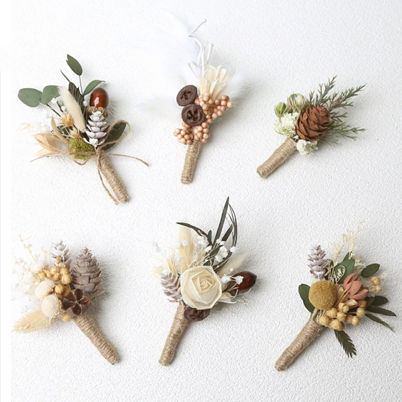 New Mini Flowers Bouquet Boutonnieres Groomsmen Buttonholes Bridesmaid Flower Corsage Brooch Christmas Wedding Decor