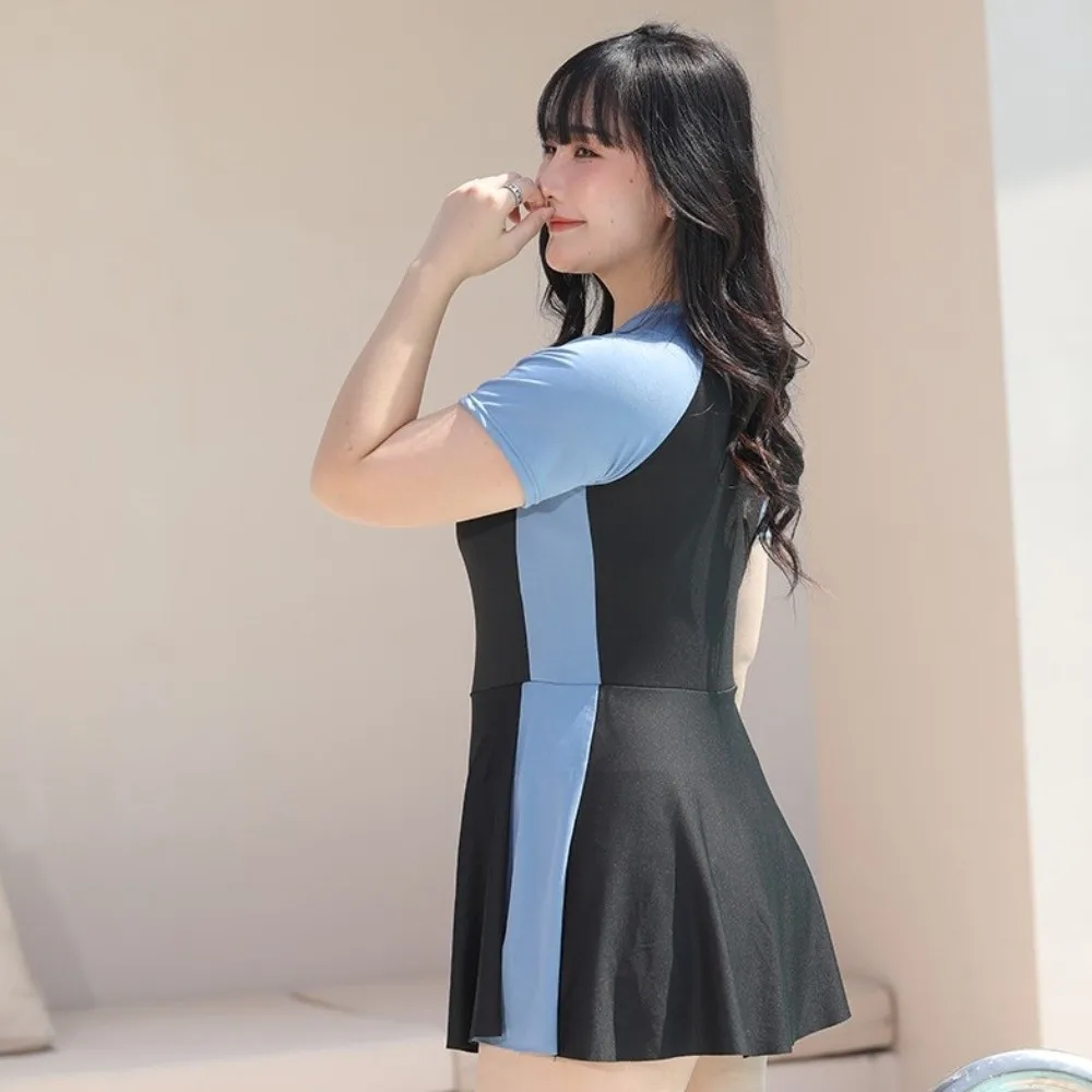 

Beachwear Short Sleeve Swimsuit Loose Bikini Beachwear Clothings Women Bathing Suit Milk Ice Silk Blue Green Swimwear Skirt